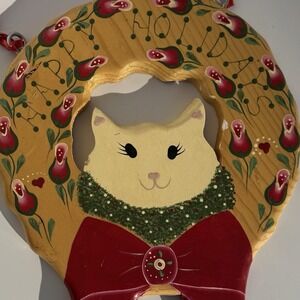 Wooden Cat Wreath Hand Painted Signed Cottage Core Folk Art Christmas Holidays